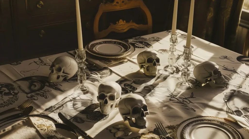 A tablecloth with skull heads placed on the dining table