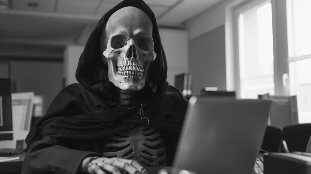 Skeleton working on computer