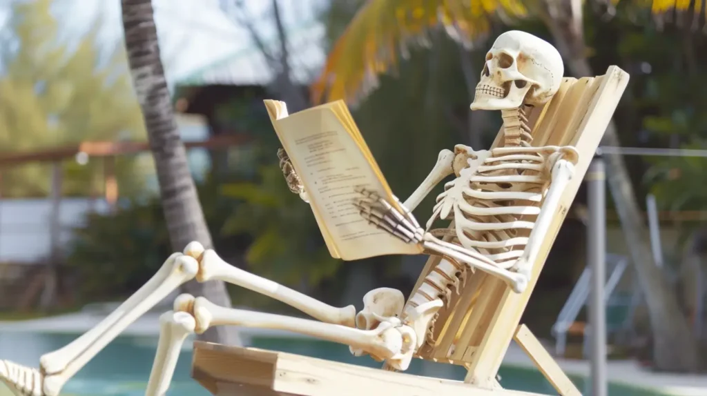 The skeleton sits on a beach chair