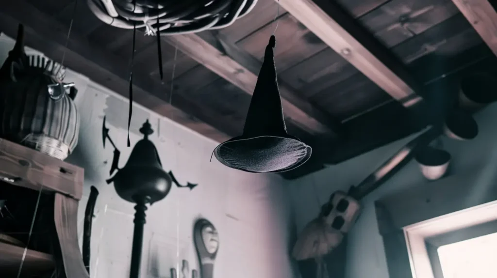 The witch hat is hung on the indoor ceiling