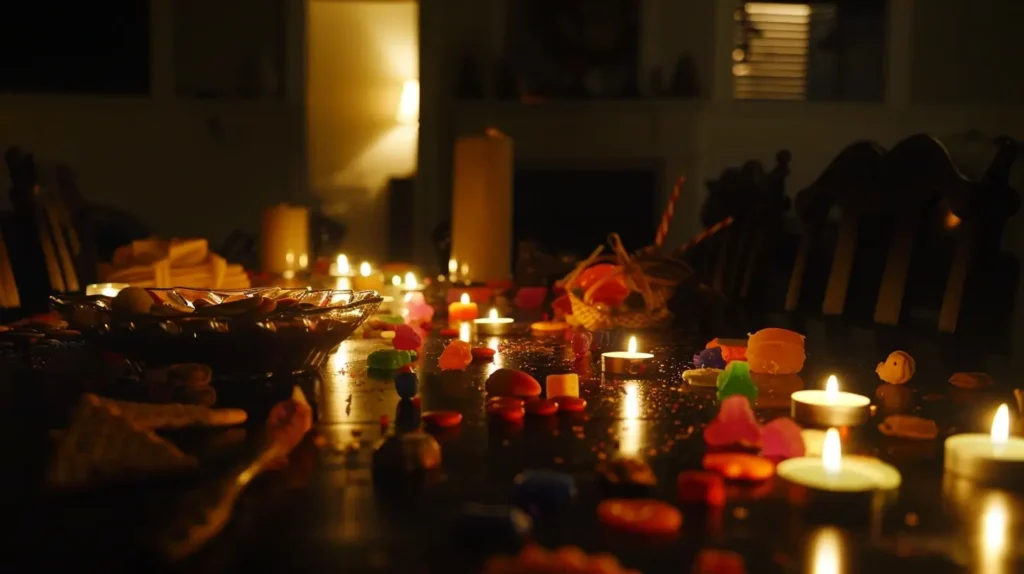 There are candies snacks and candies on the dining table