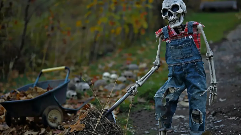 an overall-covered skeleton with tattered overalls, holding an old-fashioned shovel and rake