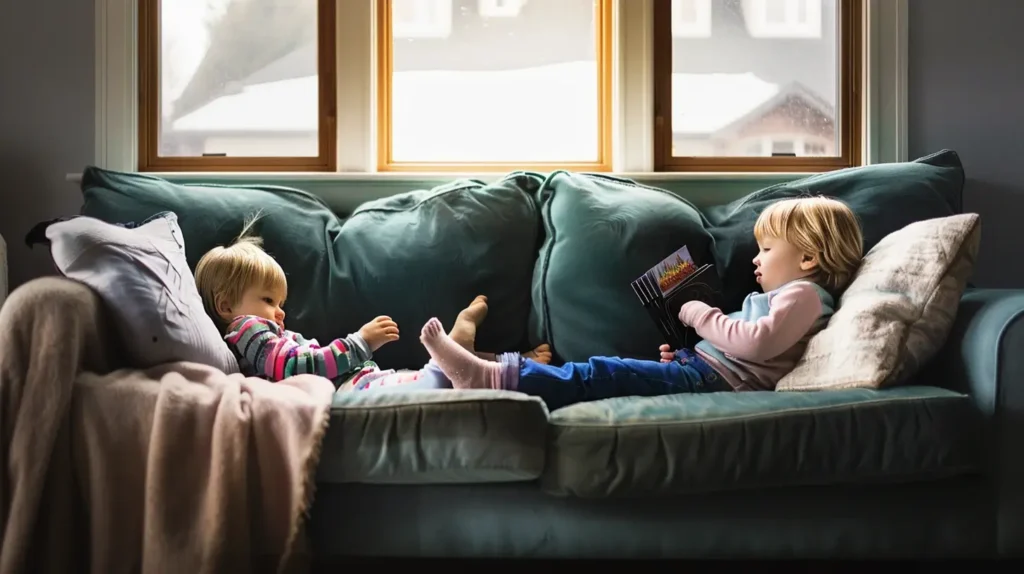 family boys and girls sofa siting