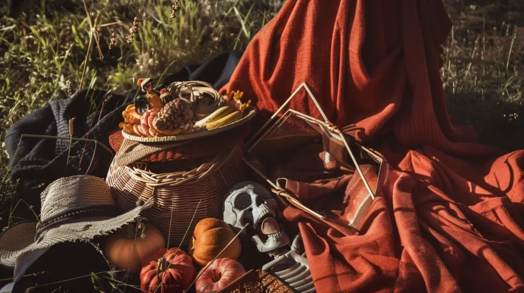 pumpkins or leaves fashionable hats scarves a little skeleton or two