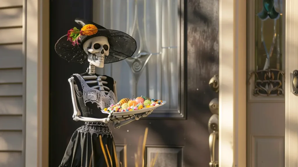 skeleton that holds a tray loaded with candies